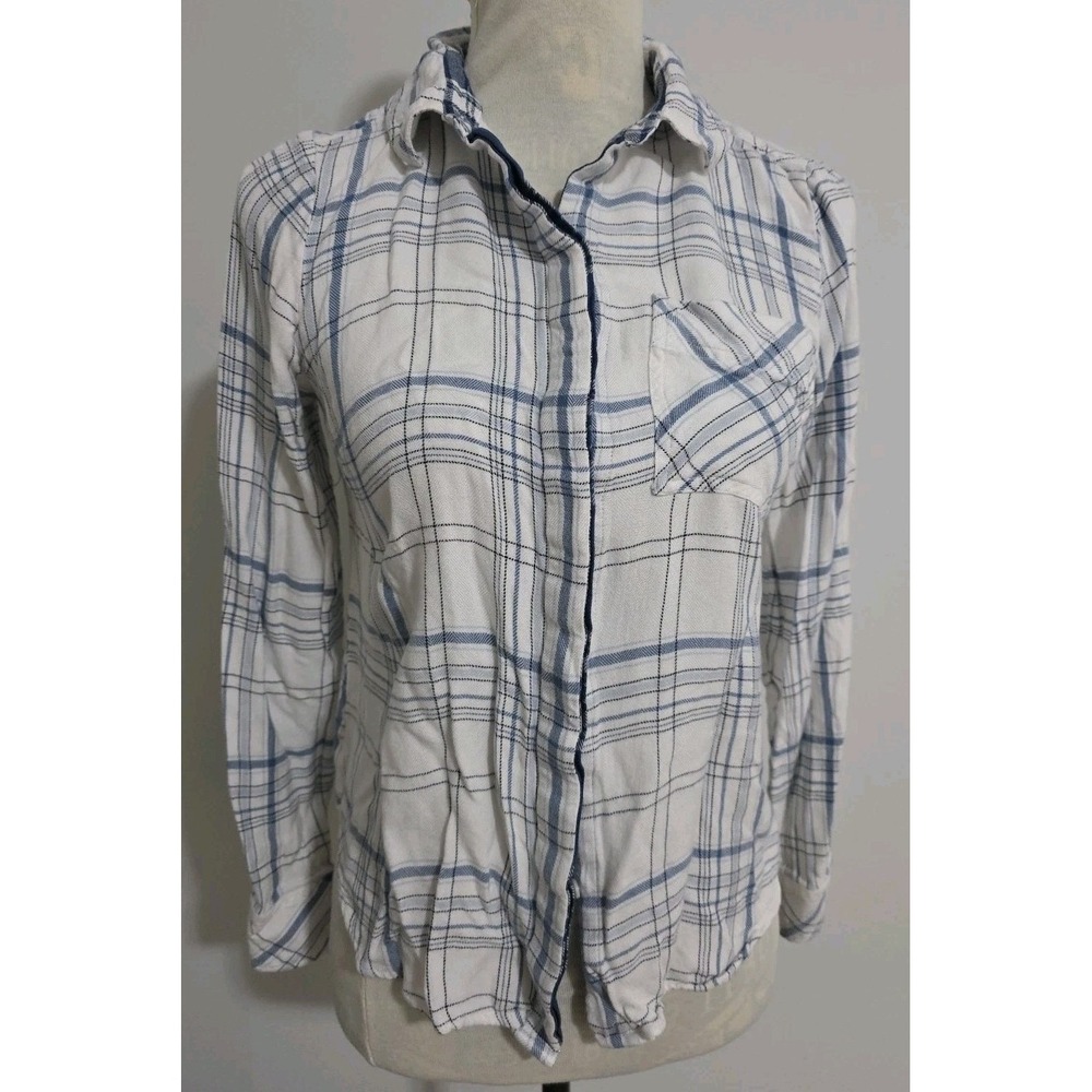 White House Black Market Long Sleeve Soft Plaid Blue & White Shirt Size 8